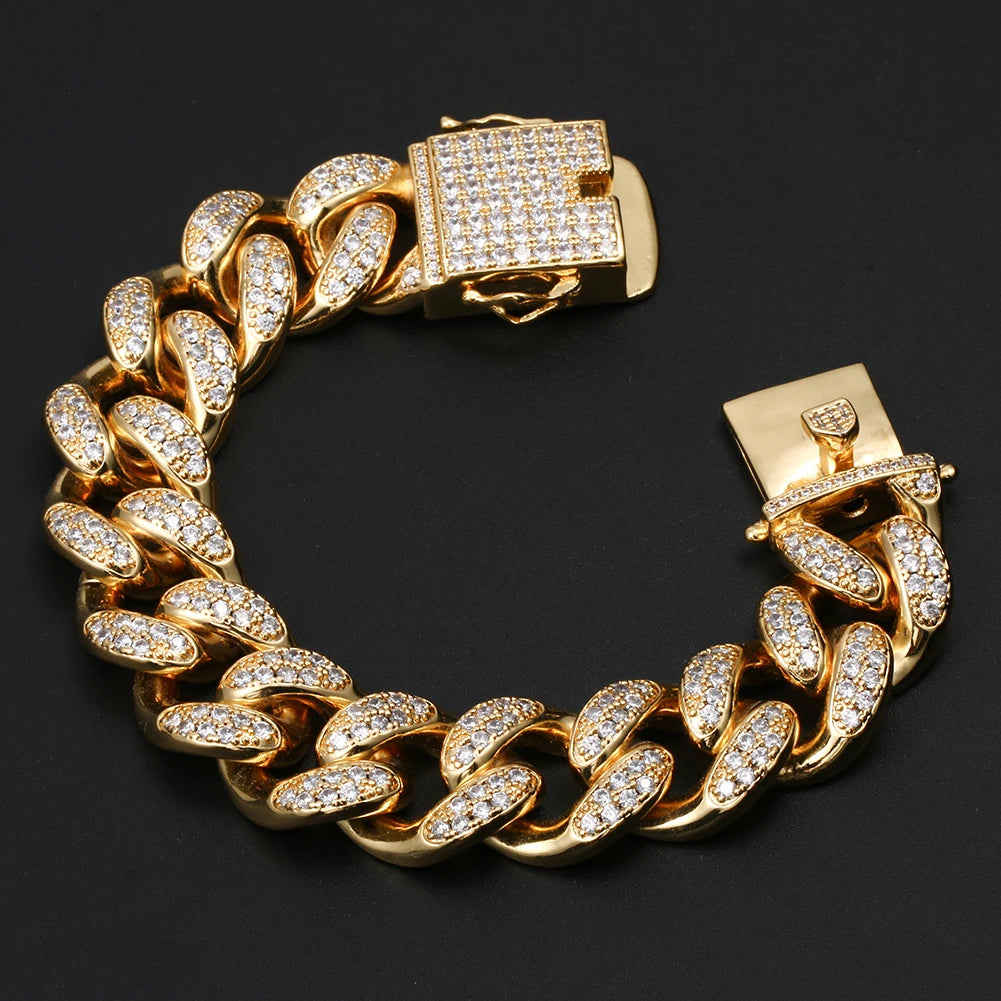 Trendy Hip Hop Baguette Zircon Cuban Chain Bracelet 22cm 18K Gold Plated Unisex Gift Jewelry