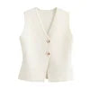 ZATRHMBM Women's 2024 Summer Fashion Gold Button Trim Knitted Vest Top Retro Sleeveless V-neck Elegant Casual Ladies Vest