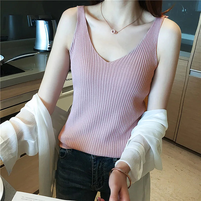 New Women Summer Knit Vest Sexy Girl Solid Color Tank Knitted Tops Casual Straps Knitwear T-shirt Simple Base Casual Vest