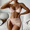 Bandage Halter Bikini Micro Ribbed Bikini 3 Pieces Set 2023 High Waist Swimsuit With Beach 3 Pieces Mesh Skirt