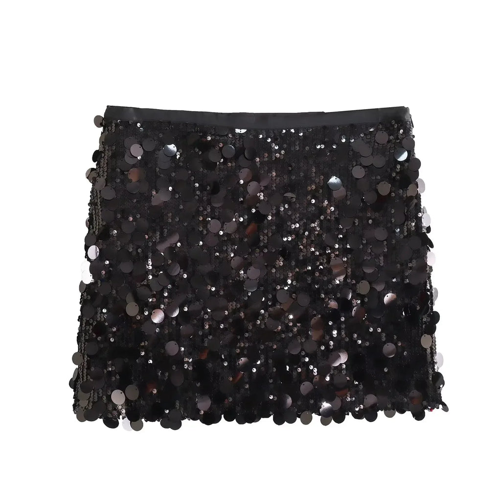 2024 Women Winter New European and American Style Sexy A- Line Skirt High Waist Hip Sequin Mini Skirt for  Skirt