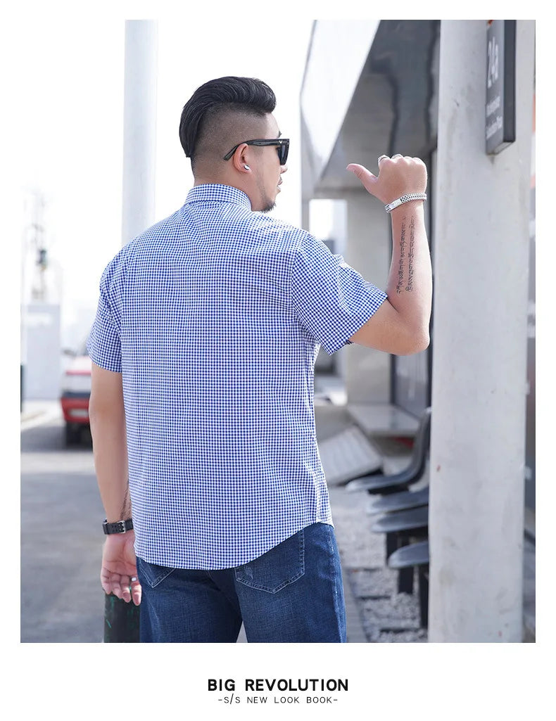 100% Cotton 5XL 6XL 7XL 8XL 12XL Men's Plus Size Shirts Fashion Casual Classic Style Comfortable Plaid Short Sleeve Shirt Male