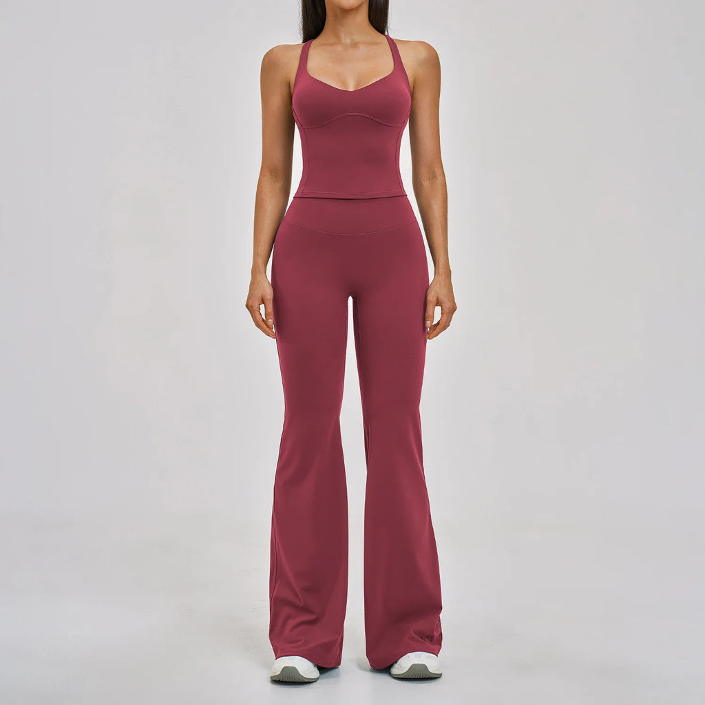 Custom Logo Flare Yoga Pants Set 2 Piece Activewear Set Fashion Gym Fitness Clothing Halter Yoga Set Crossed Back