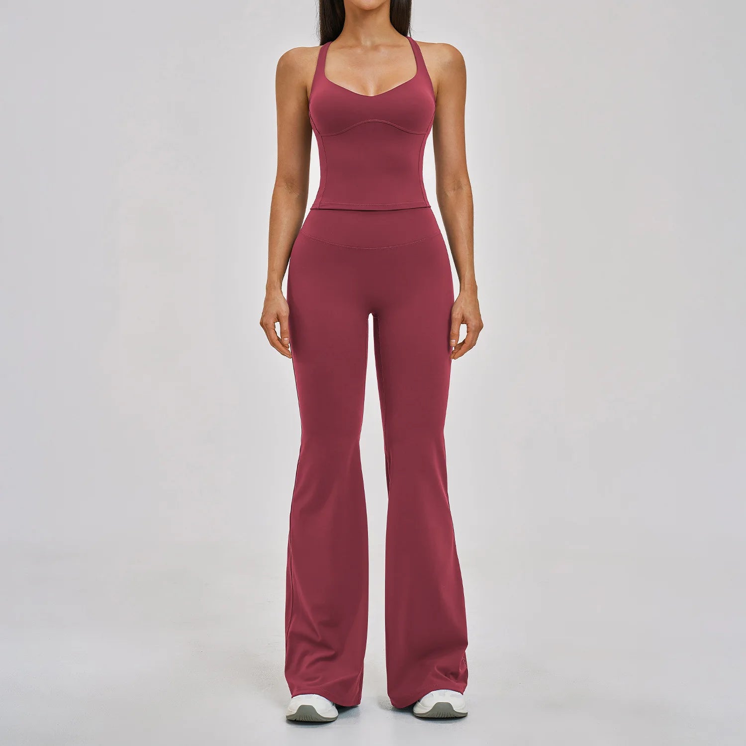 Custom Logo Flare Yoga Pants Set 2 Piece Activewear Set Fashion Gym Fitness Clothing Halter Yoga Set Crossed Back
