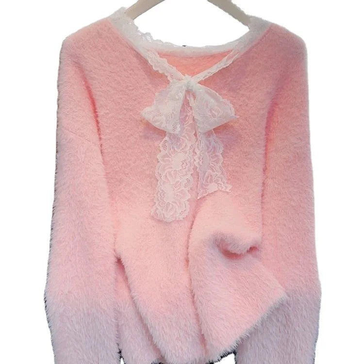 Ladies Casual V Neck Long Sleeve Mohair Lace Sweater Front Logo Patchwork Design Loose Fit