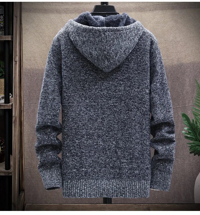 Autumn Winter Men's Sweaters Hooded Knit Cardigan Korean Sweaters Jacket Fleece Lined Hoodies Windbreaker Coat