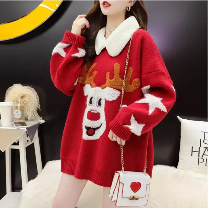 Wholesale New Year Luxury High Quality Fur Collar Loose Deep Head Print Christmas Sweater