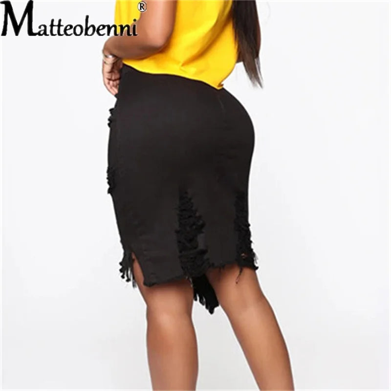 New Summer Sexy Ripped Denim Skirt Women Fashion Hollow Out Casual Hole Tassel Mini Skirt Irregular Basic Pocket Jeans Skirt