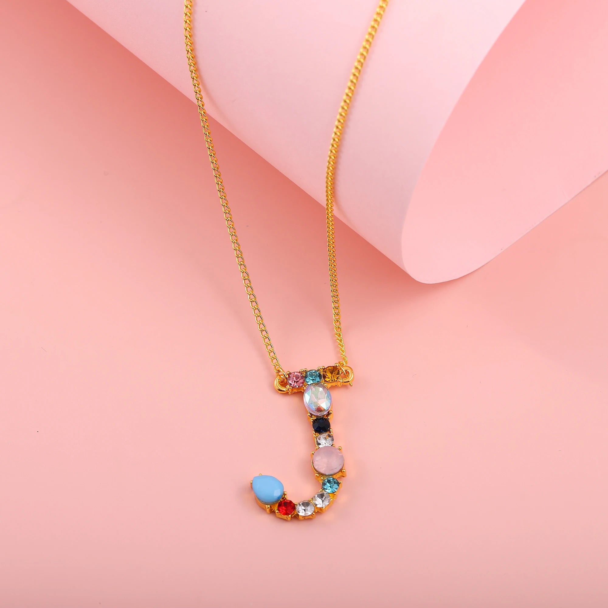 Hainon Fashion Initial 26 Letter Necklace Colored Zircon Necklace Electroplated Gold Sweater Chain
