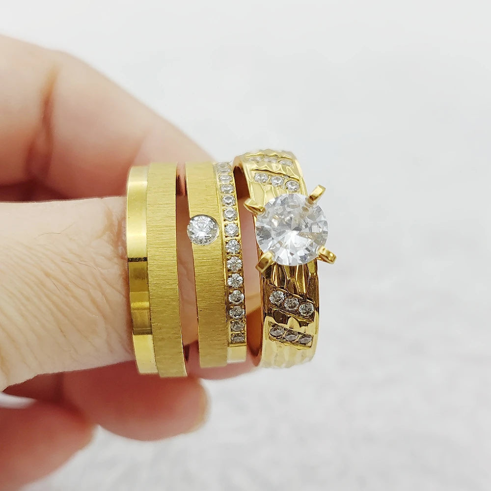 European Jewelry Luxury Alliances Bridal Set Golden Titanium Rings Western Promise Wedding Engagement Rings Couples