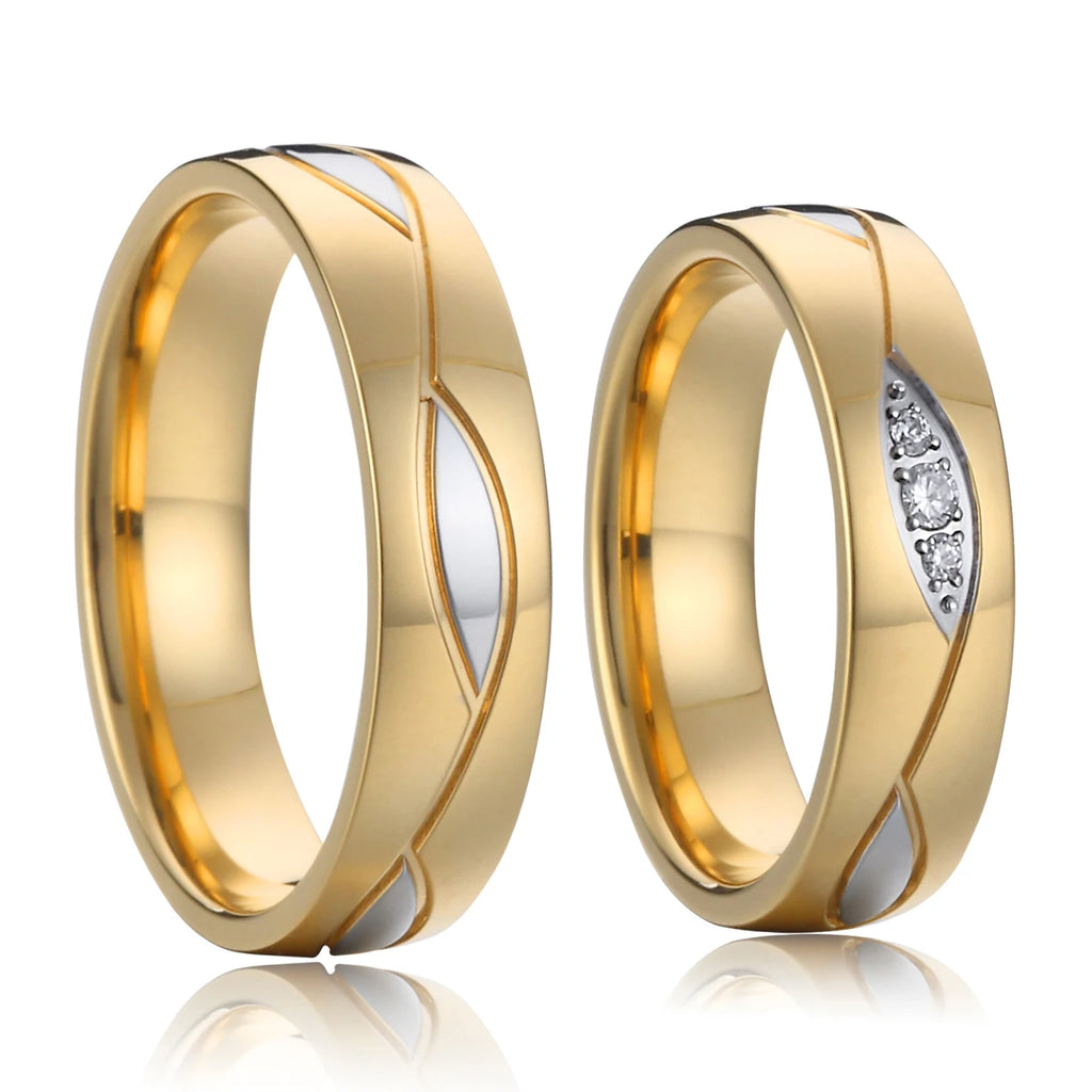 Custom 18K Gold Plated Vintage Inlay Zircon Trendy Stainless Steel Wedding Rings for Unisex Men's & Women's