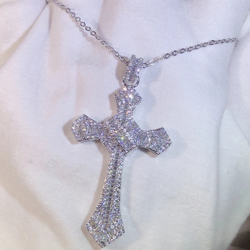 925 Silver Classic Cross Pendant Silver Color Statement Necklace With Zircon Stone Long Chain Necklace for Women Man Religious