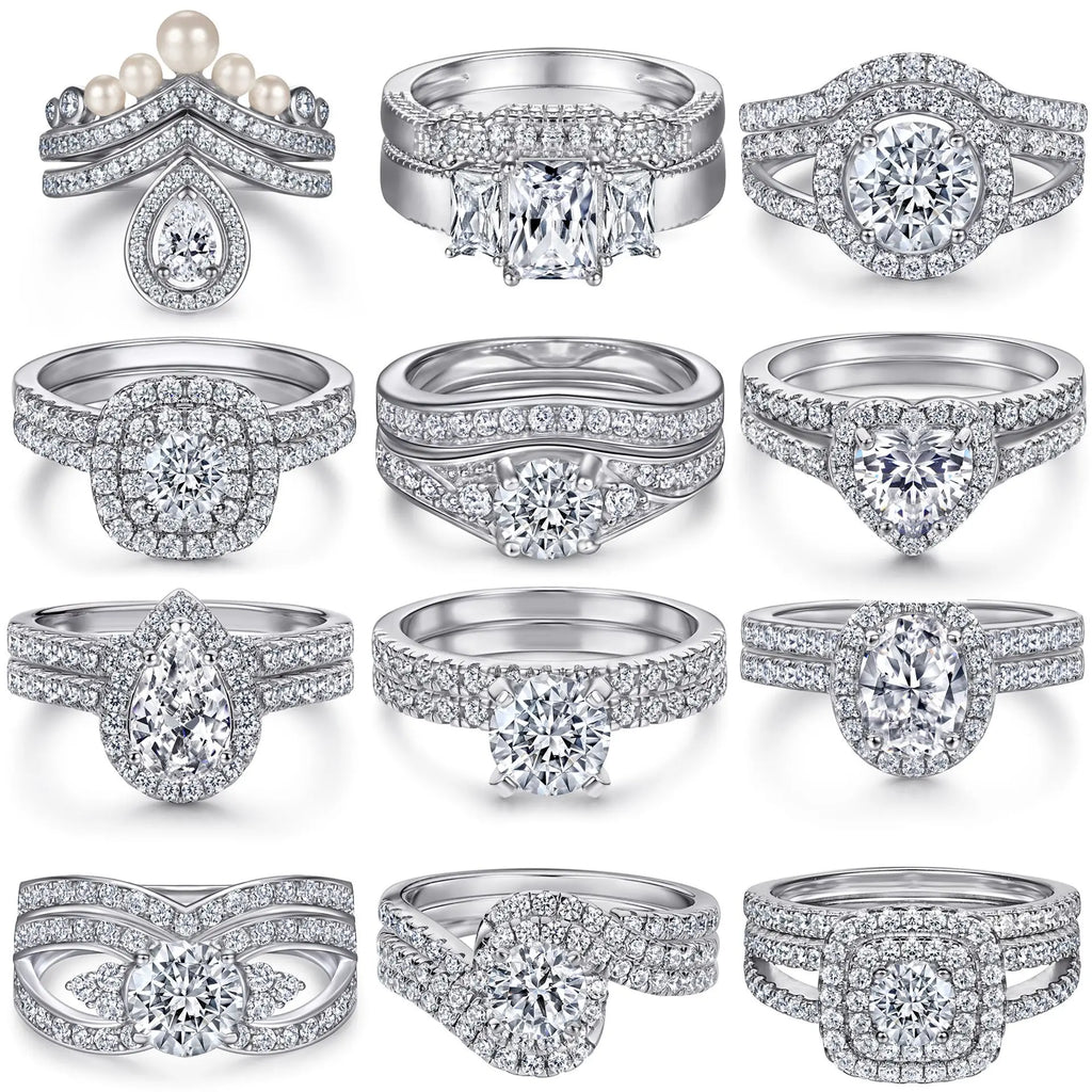 Wedding Ring Set Three-Piece Heart Pattern Engagement Jewelry Women's S925 Sterling Silver Rings