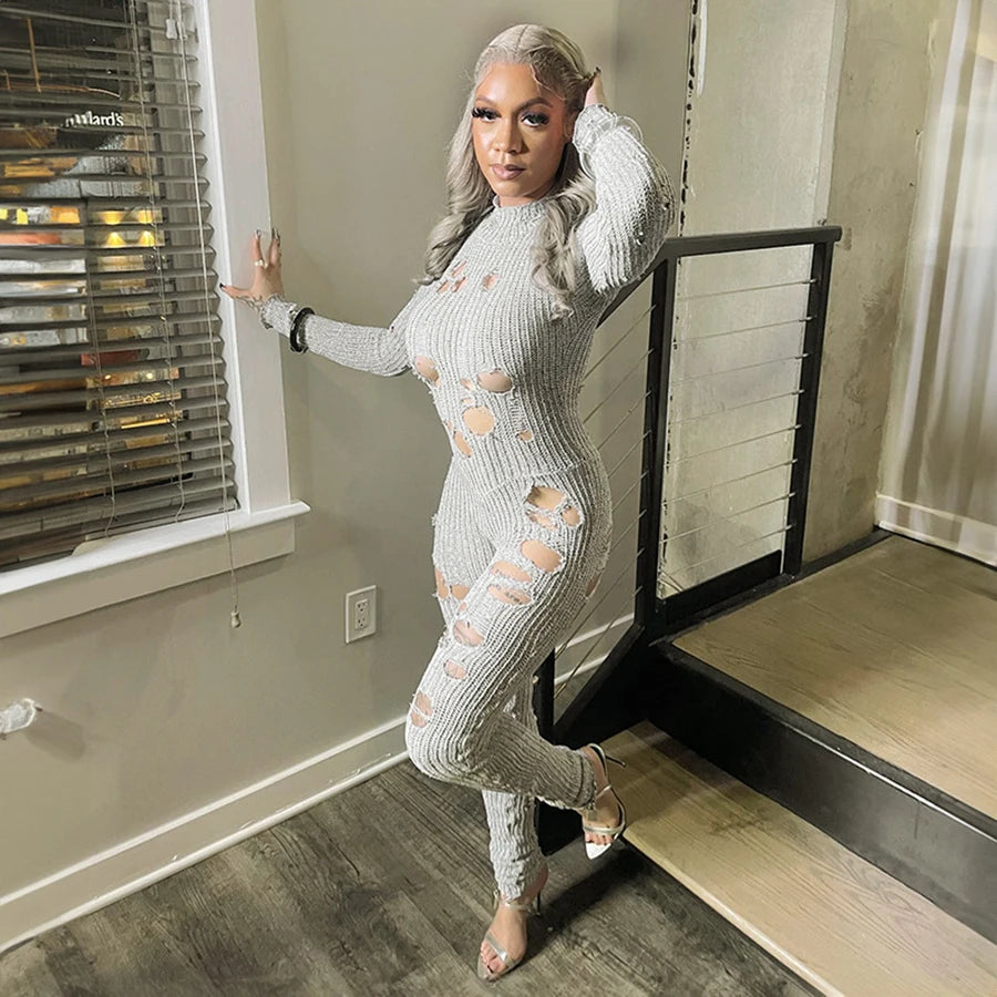 Oem Autumn Solid Long Sleeve O-neck Casual Knit Holes Long Sleeve Jumpsuit Streetwear Casual Women's Ripped Jumpsuit
