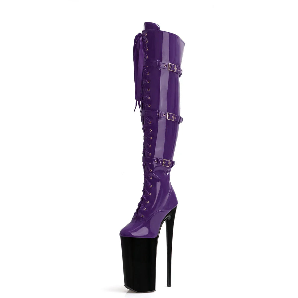 26cm Sexy Queen Large Transvestite Stripper High Pink Knee High Leather Boots Goth Pole Dancer Fetish Shoes Nightclub Stage Walk