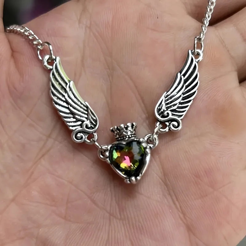 Minimalist Crown & Wing Pendant Sweater Necklace - Unisex Luxury Design With Heart Detail Artificial Crystal