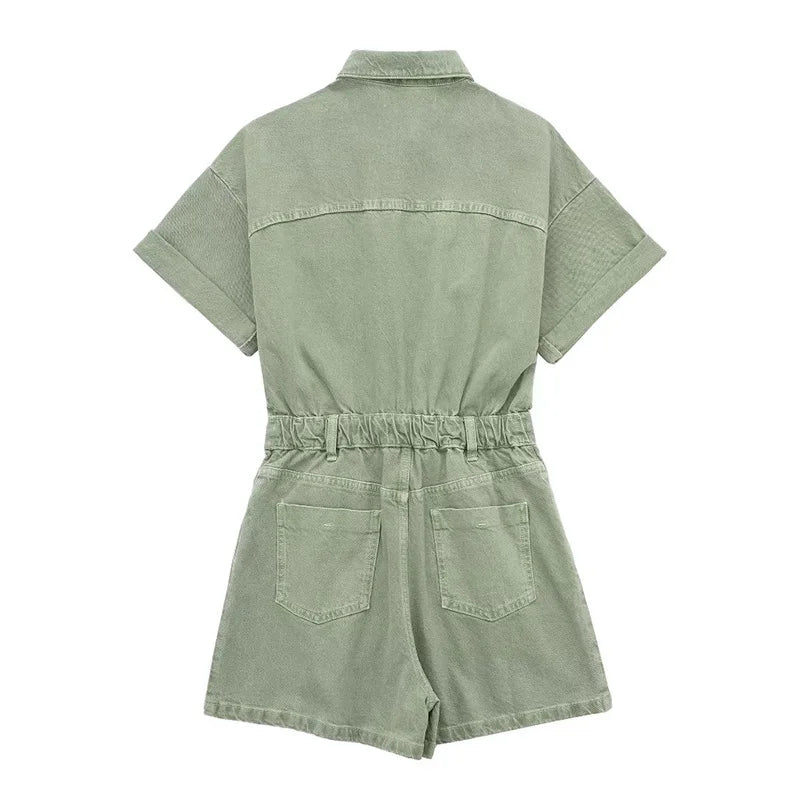 ZATRHMBM Women's Clothing 2025 Spring New Fashion Denim Short Jumpsuit Retro High Waist Zipper Placket Ladies Jumpsuit Mujer