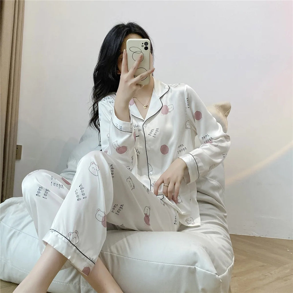 Best Selling Design Women's Silk Pajamas Long Sleeve Two-piece Set Cartoon Print Sleepwear Girls Cheap Nightwear Wholesale