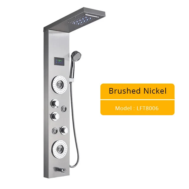 LED Light Shower Panel Faucet Waterfall Rain Shower Head SPA Massage Jets Shower Column Tower Digital Water Temperature Display