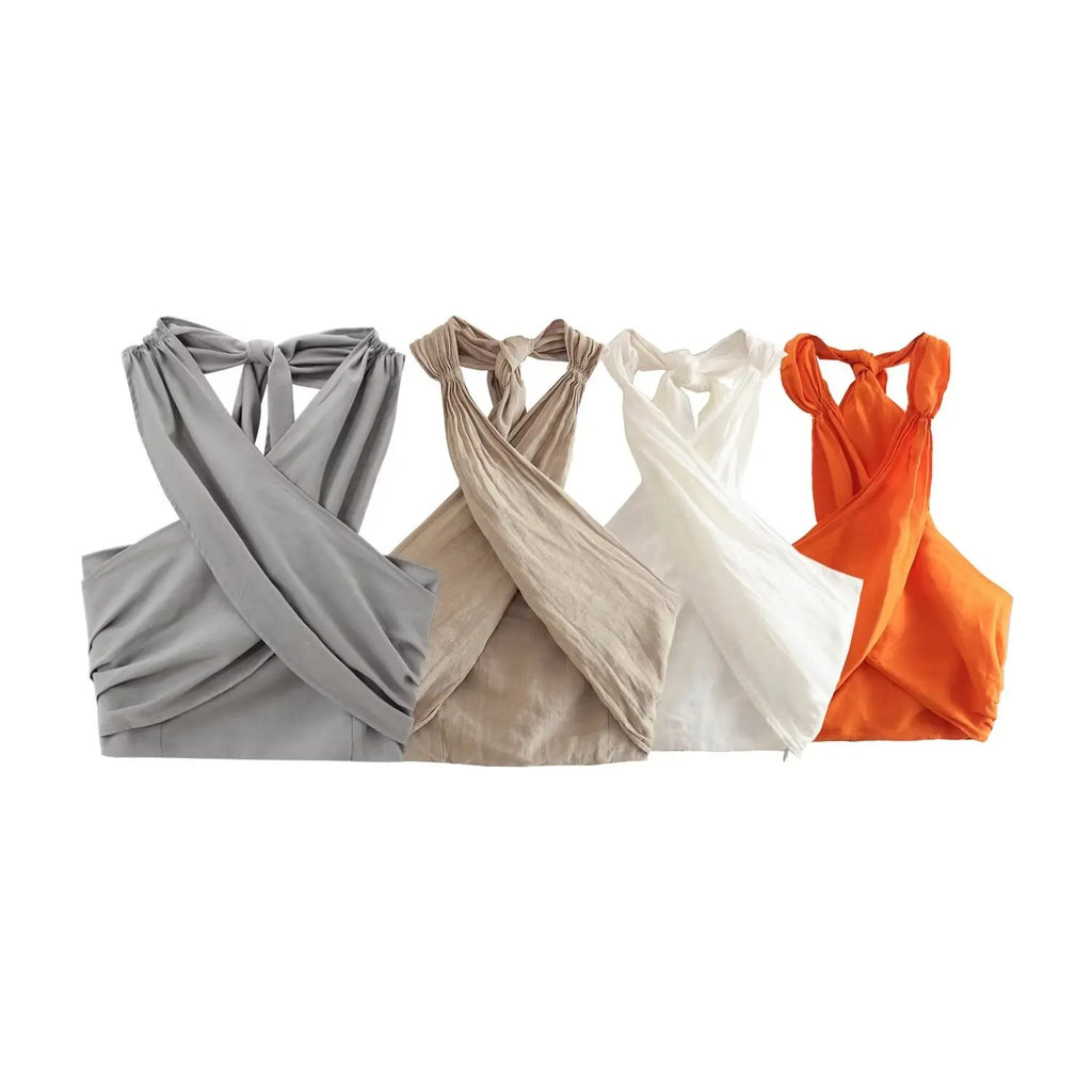PB&ZA Women 2024 Summer New Fashion Hanging Neck Linen Tank Tops Vintage Backless Thin Straps Female Camis Chic Tops