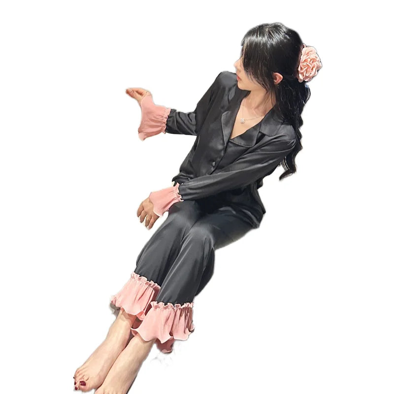 New Women Long-sleeved Pajamas Spring and Autumn Silk Lapel Nightwear Solid Color Stitching Fashion Sleepwear Factory Wholesale