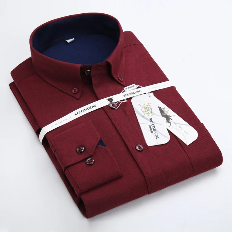 Men's Long Sleeve Thick Cotton Oxford Shirts with Front Pocket High Quality Smart Casual Stripe Plaid Button Down Dress Shirt