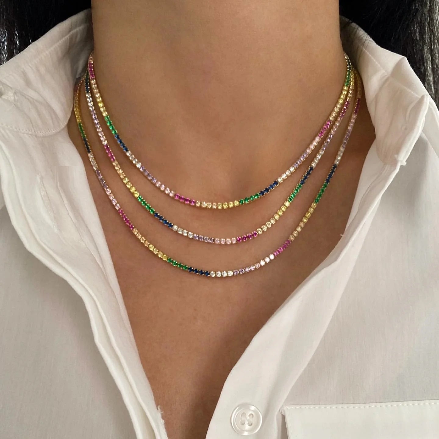 2024 New Arrived Hot Selling European Women Jewelry Choker 2mm CZ Tennis Chain rainbow Necklace for Women