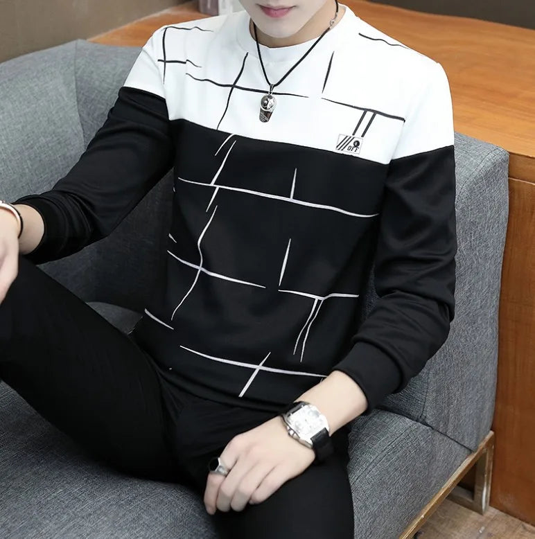 M-3XL Spring and Autumn Men's Sweater Pullover Korean Fashion Trend Splicing Colorblock Slim Fit Casual Sports Tops