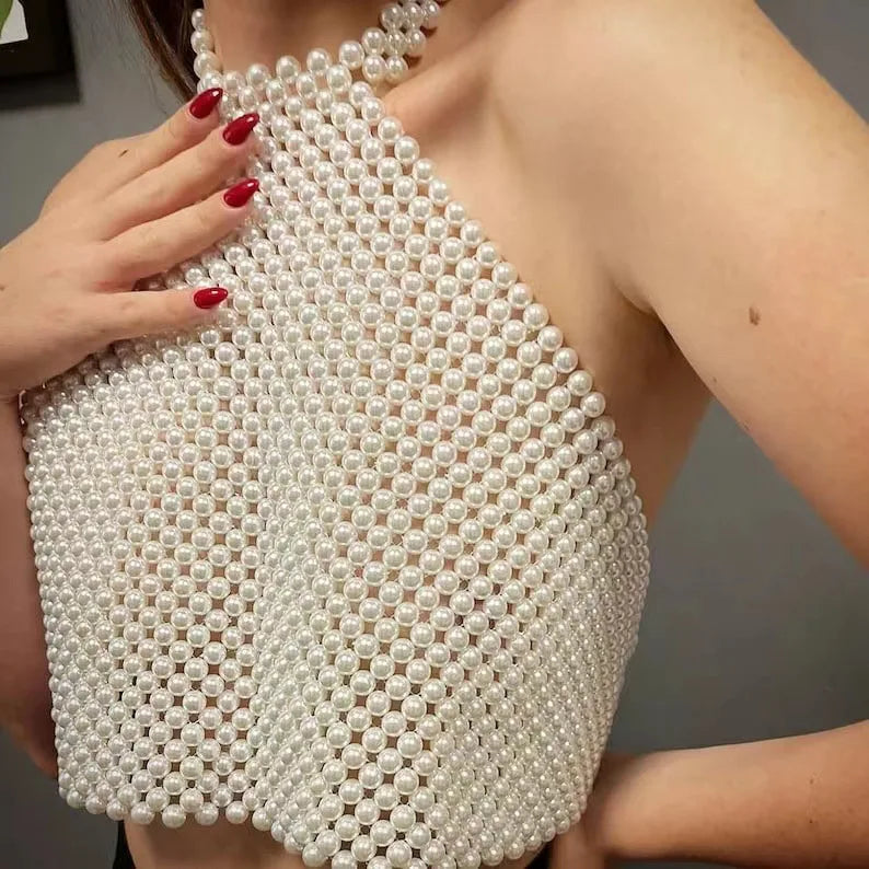 Best Seller Pearl Tube Top Sexy Hot Girl Beaded Stretch Bra Hand-Woven White Beaded Vest