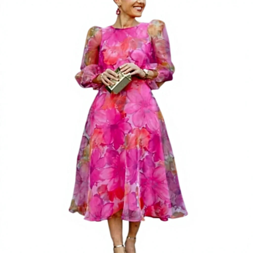 Lady Elegant Evening O-Neck Dress Floral Pattern Gauze for Spring Autumn Women's Casual Maxi Dress for Office Streetwear Empire