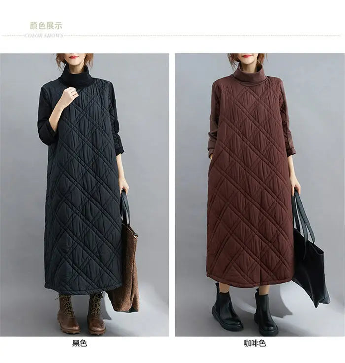 Retro Quilted Diamond Dress Thick Stitching Warm Autumn Winter Clothing New Women's High-Neck Casual Long Tunic y750