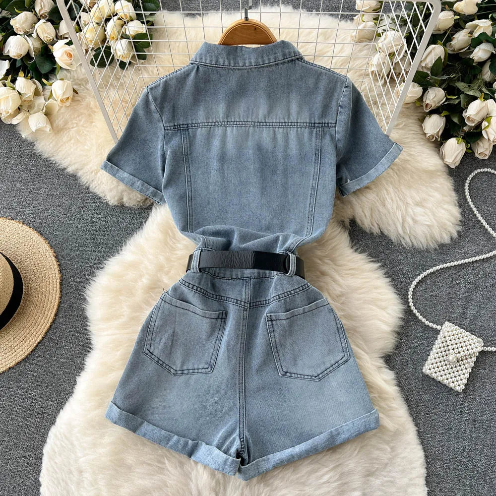 2024 Summer Elegant V-neck Jumpsuit for Women High Waist Denim Short Jumpsuit Ladies Elegant Overalls Wholesale