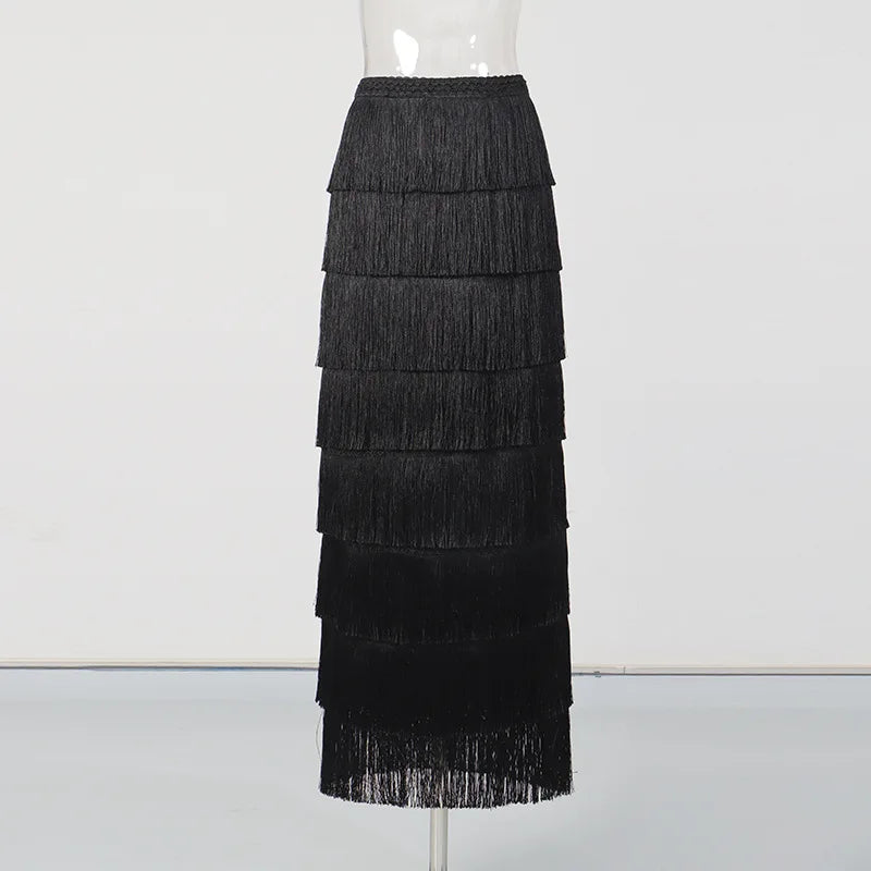 Solid Loose Spliced Tassels Minimalist Skirts for Women High Waist Patchwork Ruffles Fashion Skirt Female Clothing