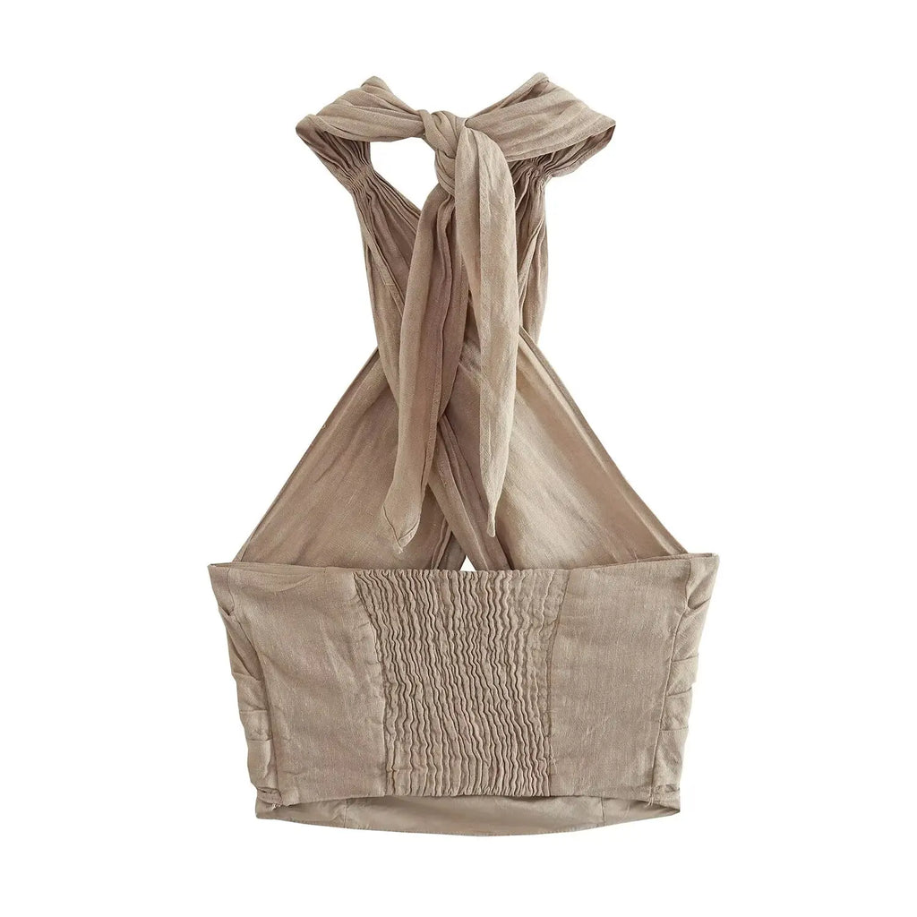 PB&ZA Women 2024 Summer New Fashion Hanging Neck Linen Tank Tops Vintage Backless Thin Straps Female Camis Chic Tops