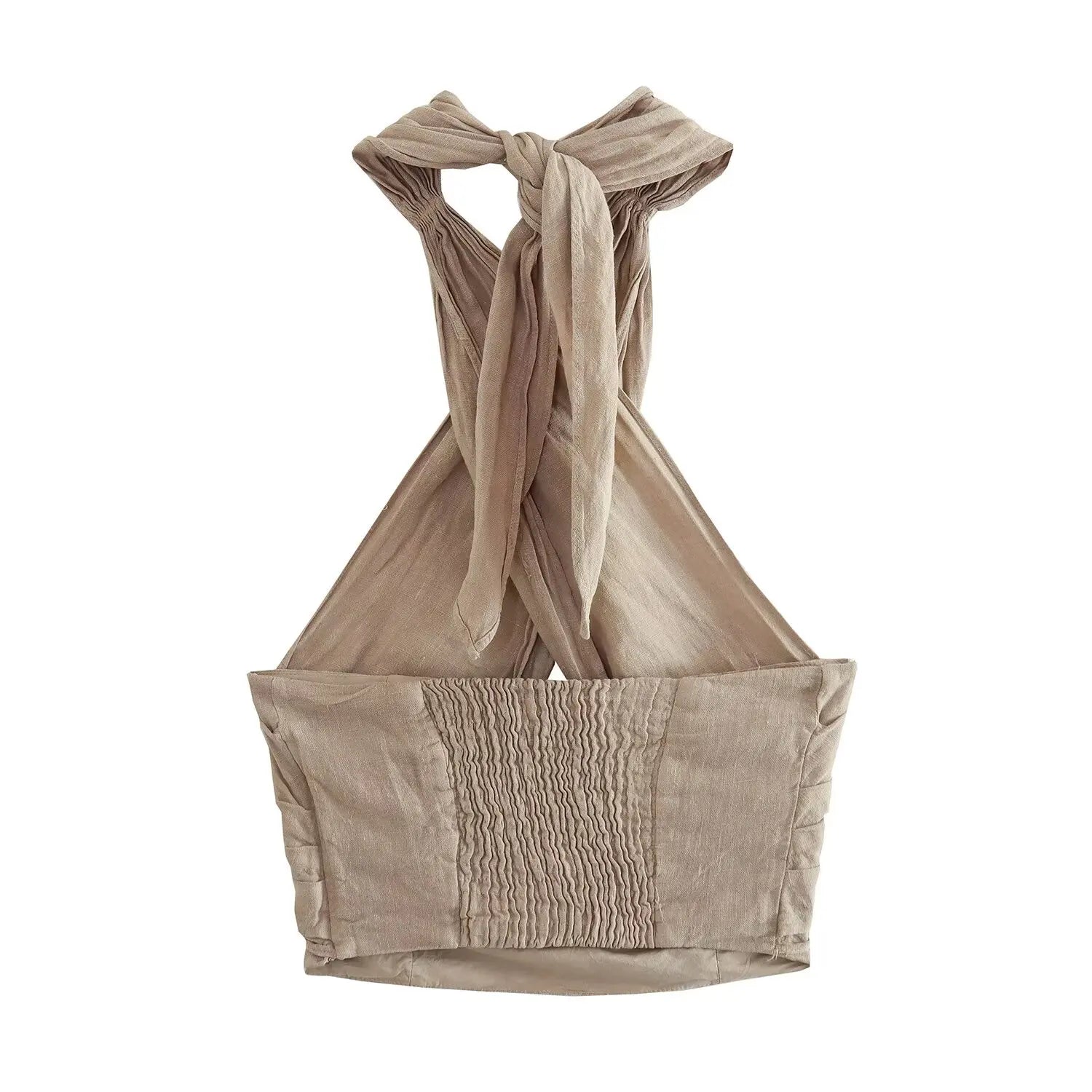 PB&ZA Women 2024 Summer New Fashion Hanging Neck Linen Tank Tops Vintage Backless Thin Straps Female Camis Chic Tops