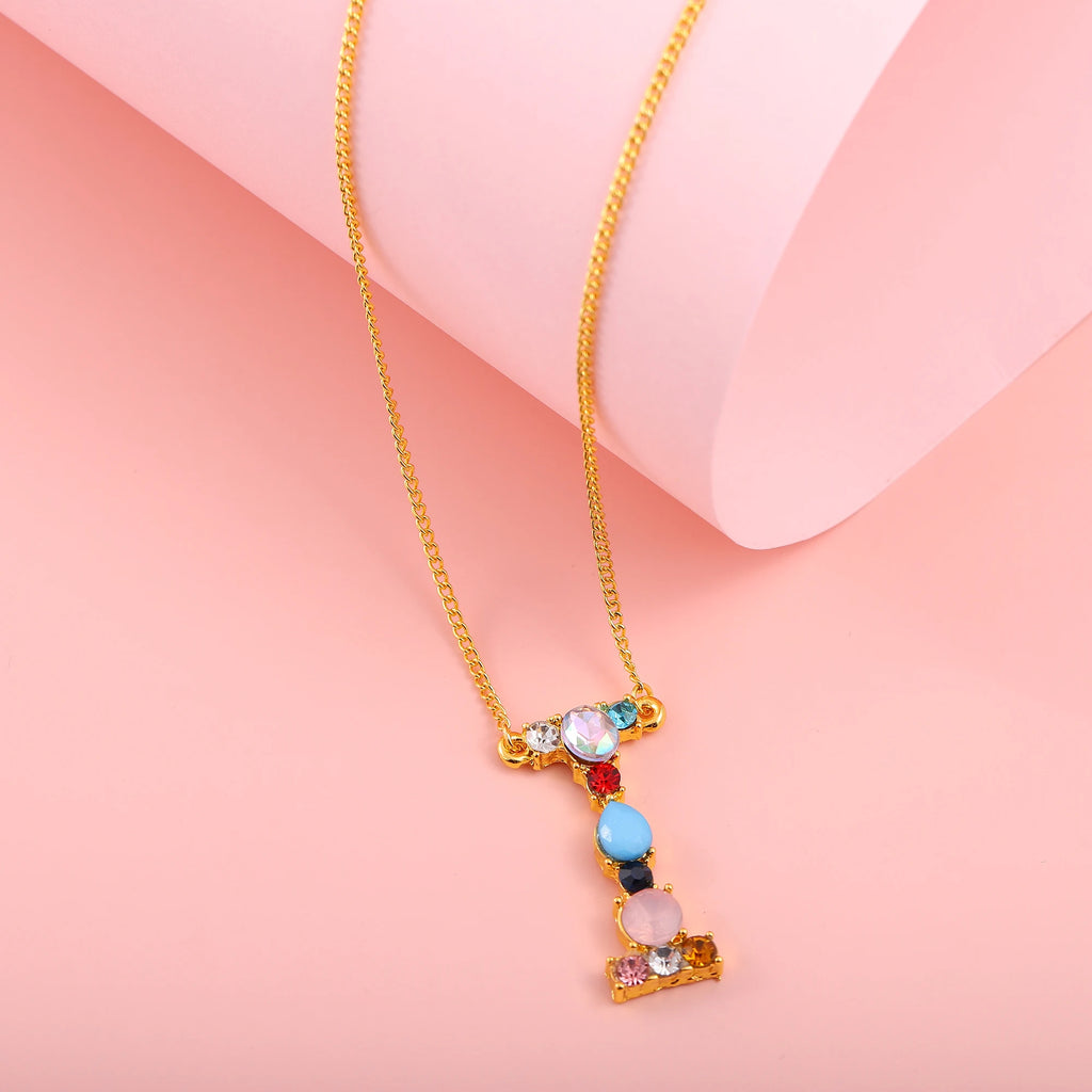 Hainon Fashion Initial 26 Letter Necklace Colored Zircon Necklace Electroplated Gold Sweater Chain