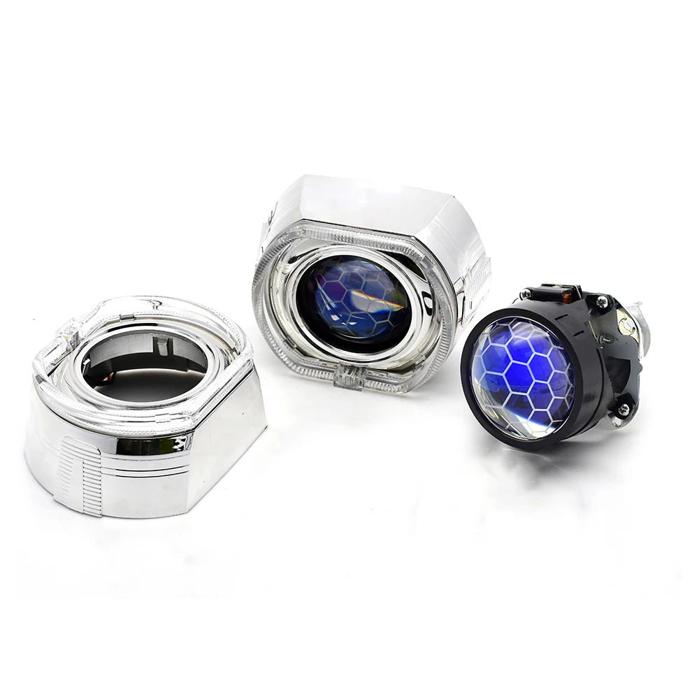 2.5 Inch Blue Coating Honeycomb Projector Lens DRL LED Angel Eyes Shrouds Fit H1 H4 H7 Car Headlamp Retrofit Accessories Styling