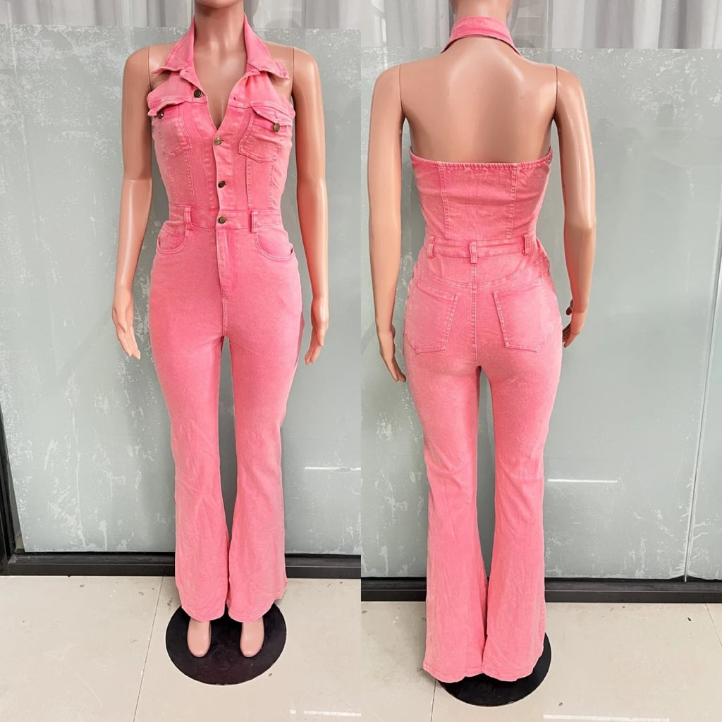 25 Trendy Vintage Turn-down Collar Tunic Slim Jumpsuit for Women High Waist Denim Long Jumpsuit Ladies Retro Overalls Wholesale