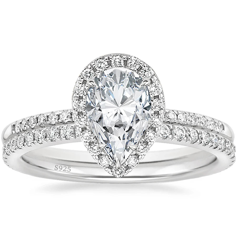 OAHLAN Luxury Fashion Female Jewelry 1.5 Carat Pear Cut 925 Sterling Silver Bridal Set Moissanite Rings for Women Wedding