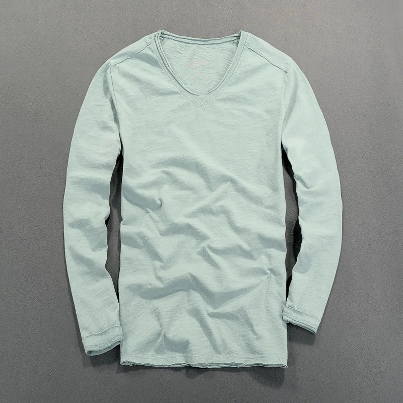 Fashionable Bamboo Cotton Long Sleeve Vintage T-shirts Men Casual Thin Tops Tees Comfortable Tshirt Distressed T-shirt