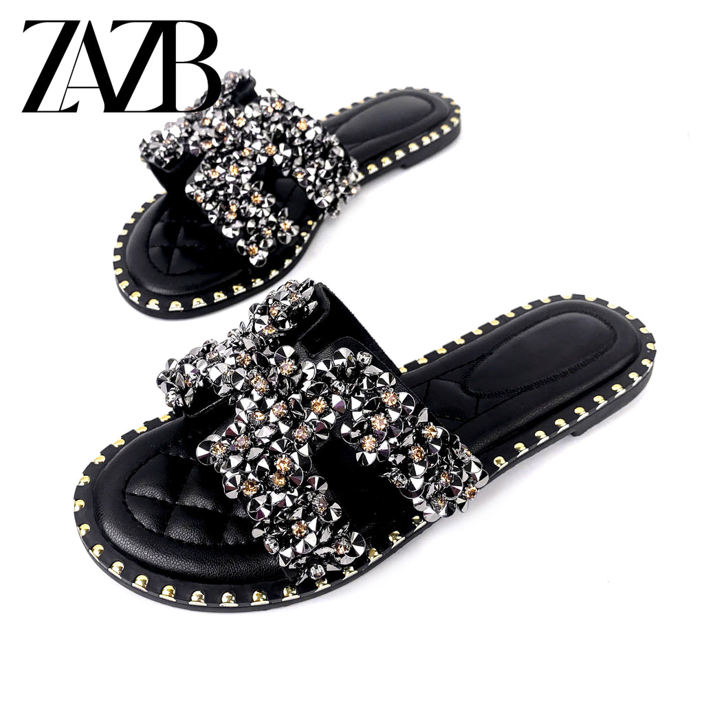 New Wholesale Design Summer square Head Leather European and American Open Toe Flat Shoes Black Womens slippers Sandals