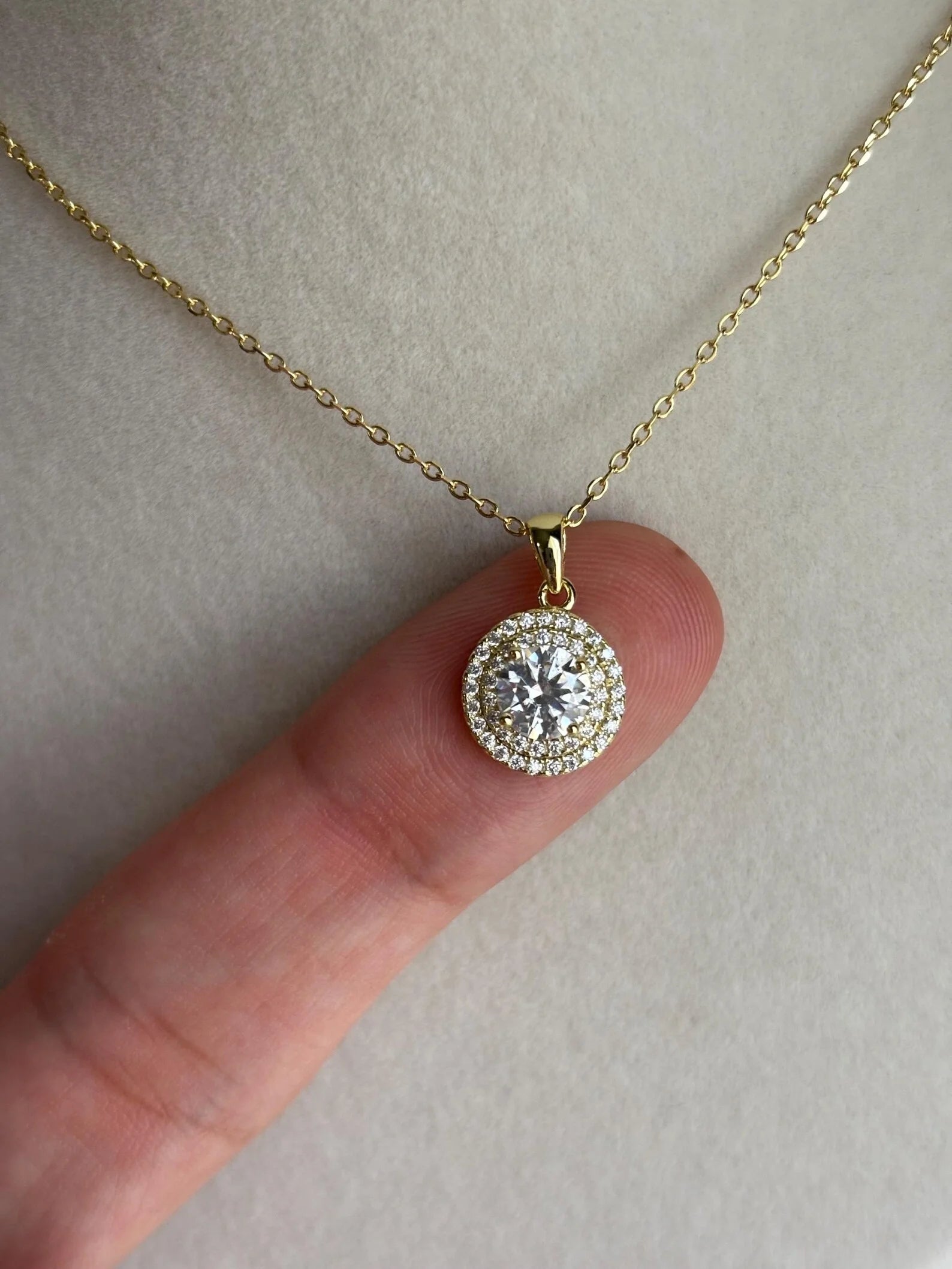 Dainty Christian Moissanite Double Halo Necklace Gold Plated Diamond Alternative Charms Pendant Party Stacking Jewelry