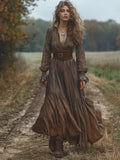 Vintage Women's Rustic Casual Dress Long Sleeve V-Neck Maxi Sexy Natural Spring Solid Pattern Front Pleating Digital Breathable