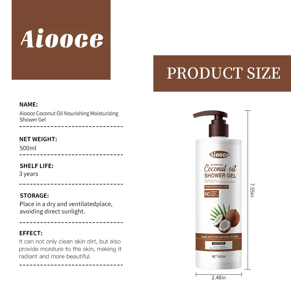 Aiooce Natural Coconut Shower Gel 500ml Herbal Infused Whitening Moisturizing Body Wash Bath Cream