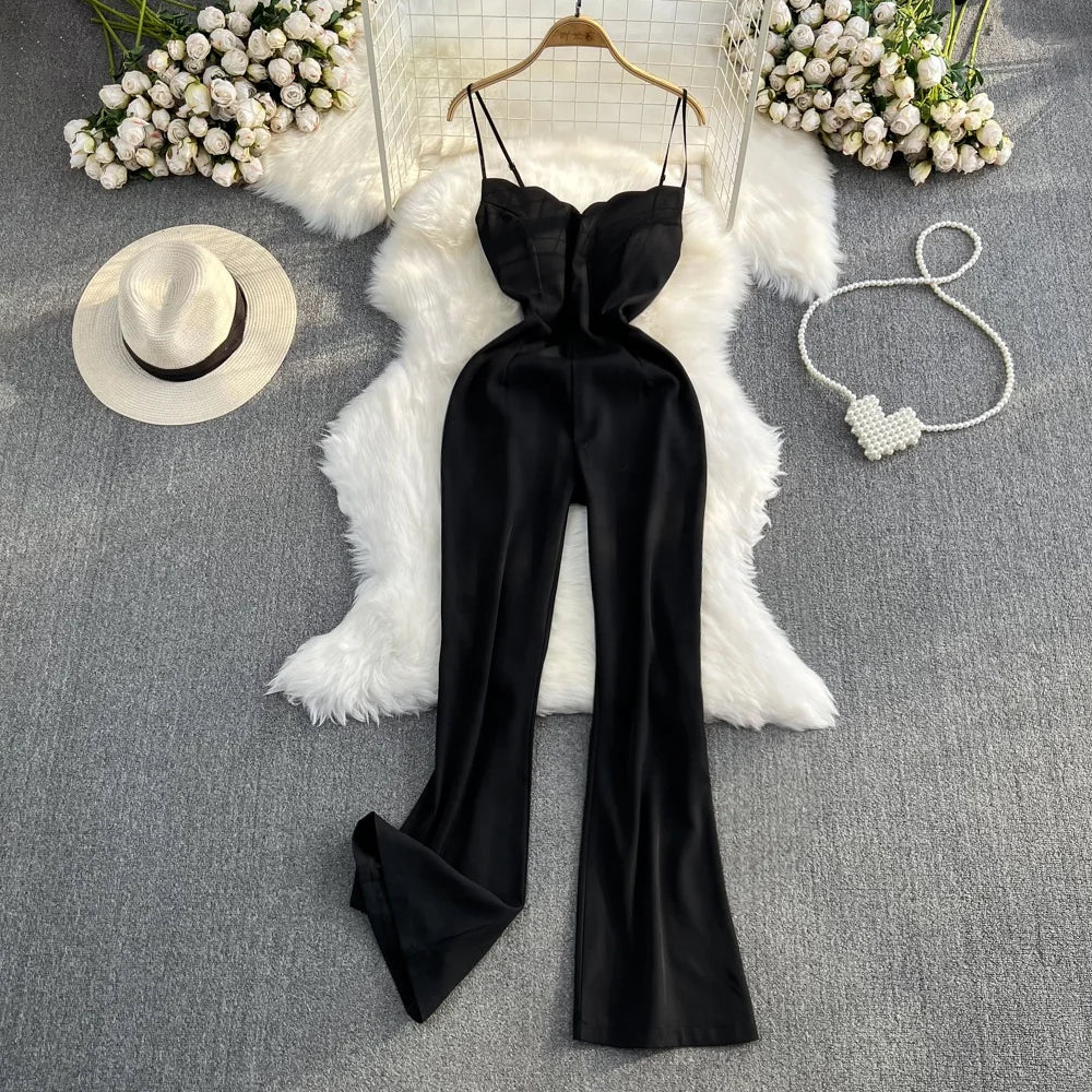 2025 V-neck Casual High Waist Slimming Jumpsuit Loose Flared Wide Leg Long Pants