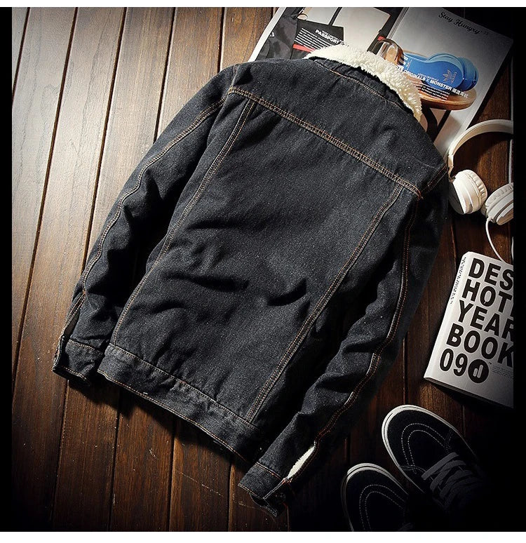 Men's Winter Warm Berber Fleece Denim Jacket Slim Fit Thicken Coat Outerwear Black Blue