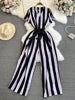 Wholesale 2026 Spring Temperament Short Sleeved V-neck Striped Casual High Waist Slim Straight Women's Jumpsuit