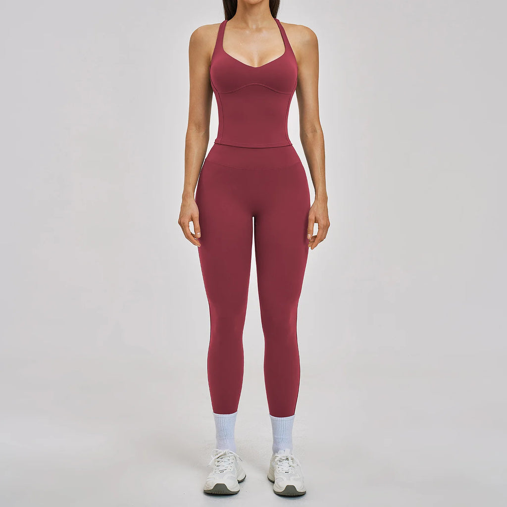 Women's Summer Athletic Wear Set Crisscross Back Fitness Tank Top and Leggings Workout Clothing Yoga Sets