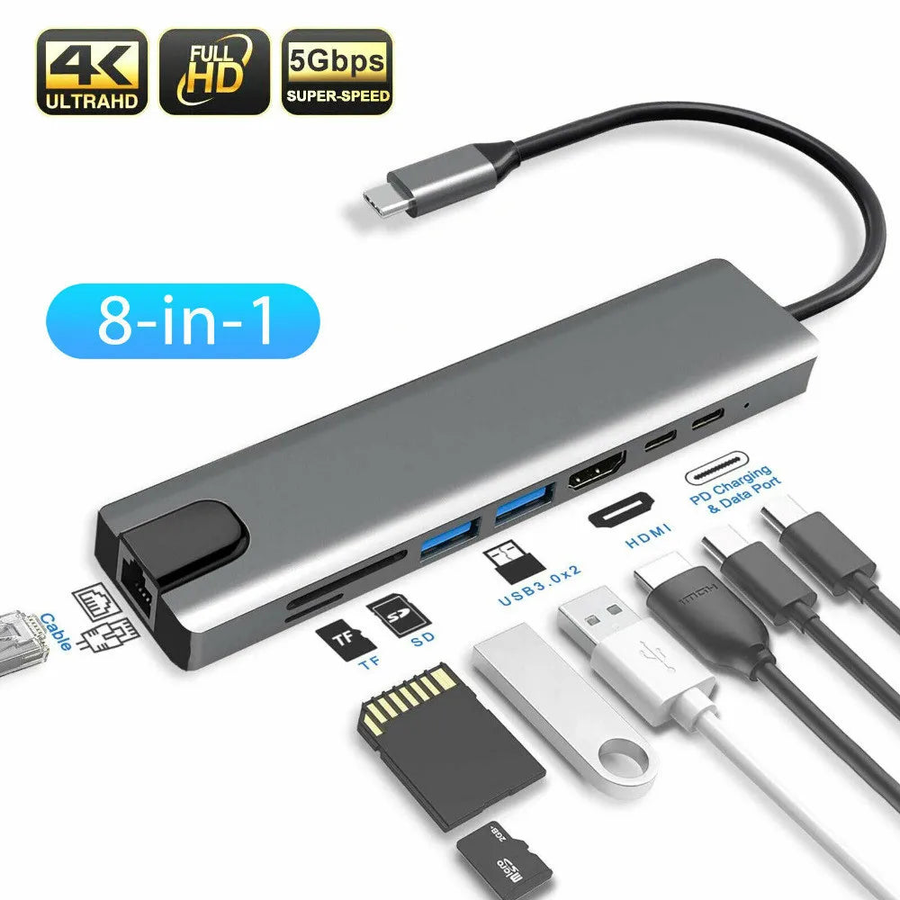 USB Type c Hub 8 in 1 Compatible USB C Hub 8 Port Multi Function Con Ethernet for  Laptops