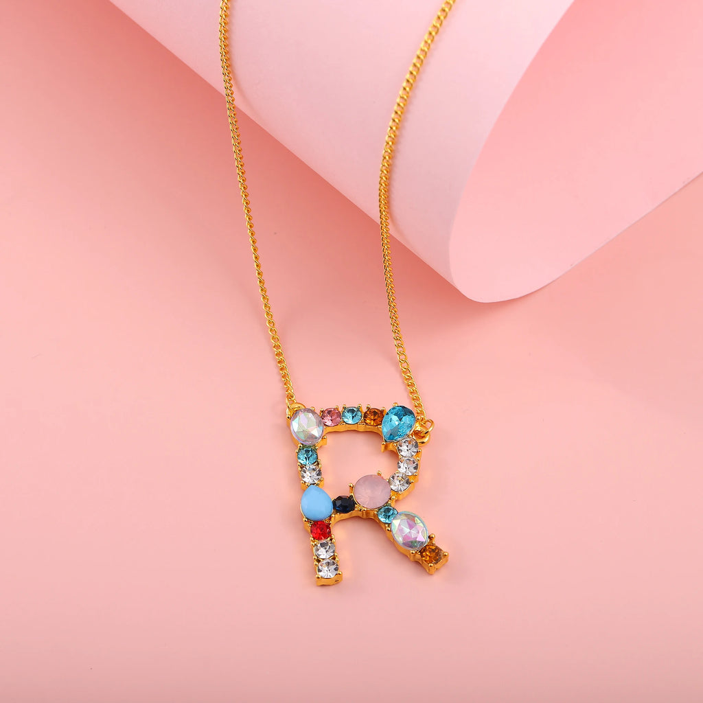 Hainon Fashion Initial 26 Letter Necklace Colored Zircon Necklace Electroplated Gold Sweater Chain